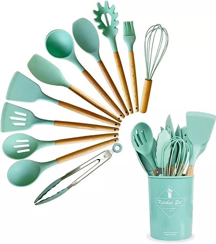 Juego de 12 herramientas de cocina no tóxicas utensilios de cocina para hornear espátula espátula espátula espátula afinador de batidor Color verde