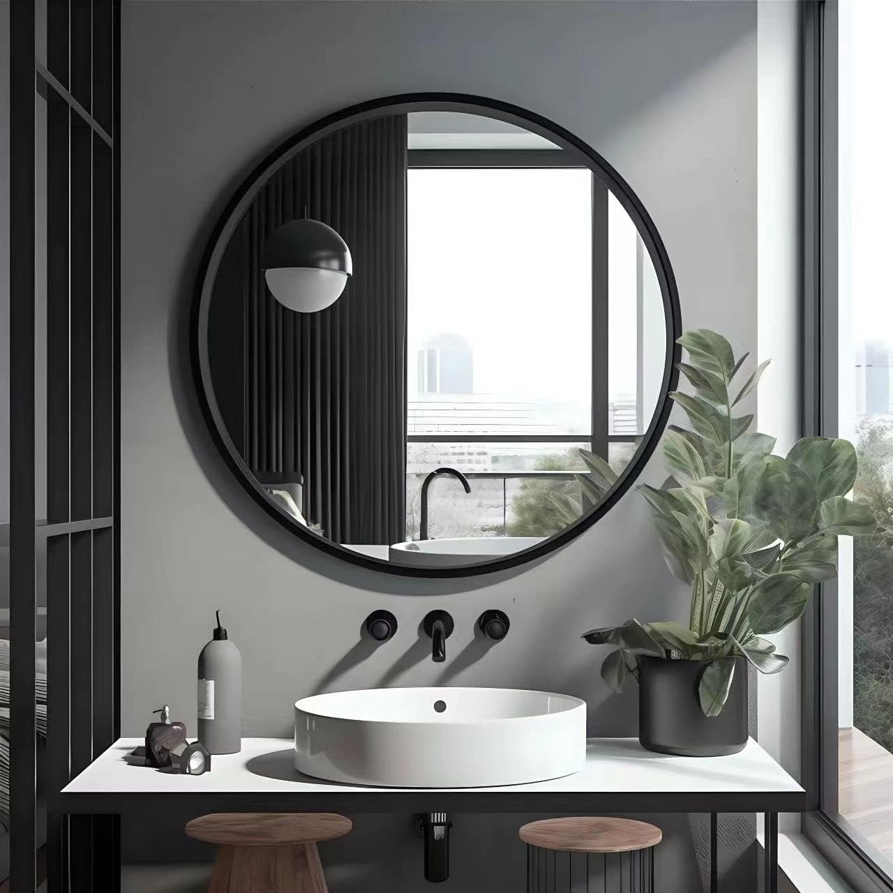 USHOWER 30'' Round Bathroom Mirror + Towel Ring Set, Matte Black