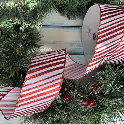Image of Candy Cane Christmas Tree Ribbon - 2 1 /2 inch x 50 Yards, Wired Edge, Sparkly Red Stripes, Wreath, Gift Wrap, Garland, Decoration, Bows, Presents