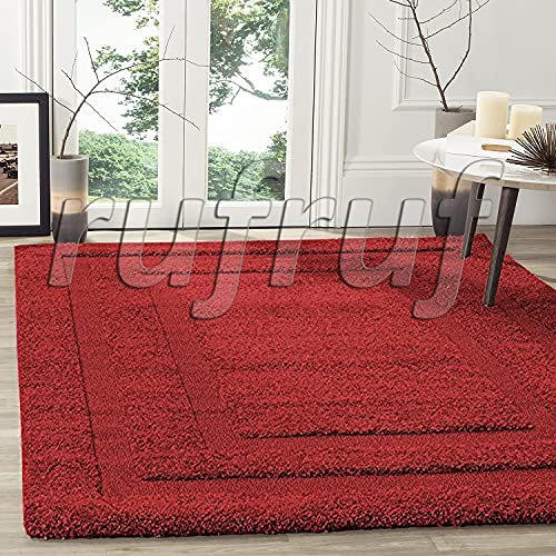Image of Rectangular Box Round Shaggy Carpet for Living Room, Bedroom, High Low Design Finish Microfiber 1.8 Inch Pile High, 7x7 Feet Maroon|Maroon Color