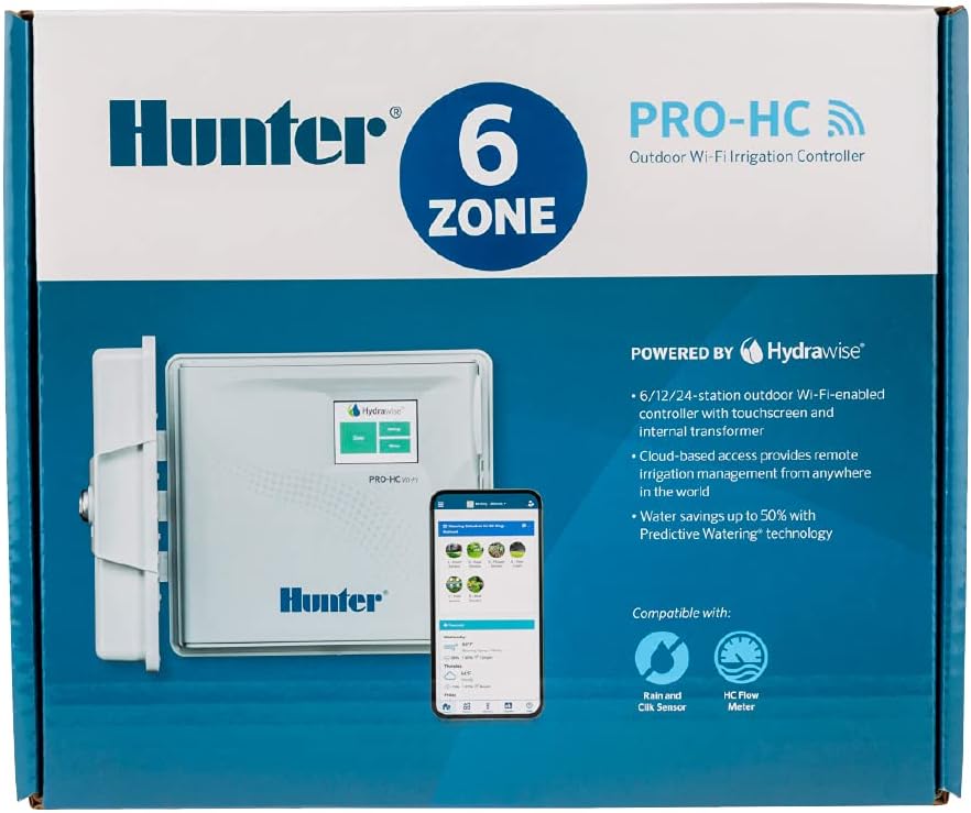 Hunter PRO-HC600 Smart WiFi Irrigation Controller, 6 Zone Outdoor & Indoor Sprinkler Timer, Hydrawise App Compatible, Weather-Based Scheduling, Flow Sensor Ready, Touchscreen