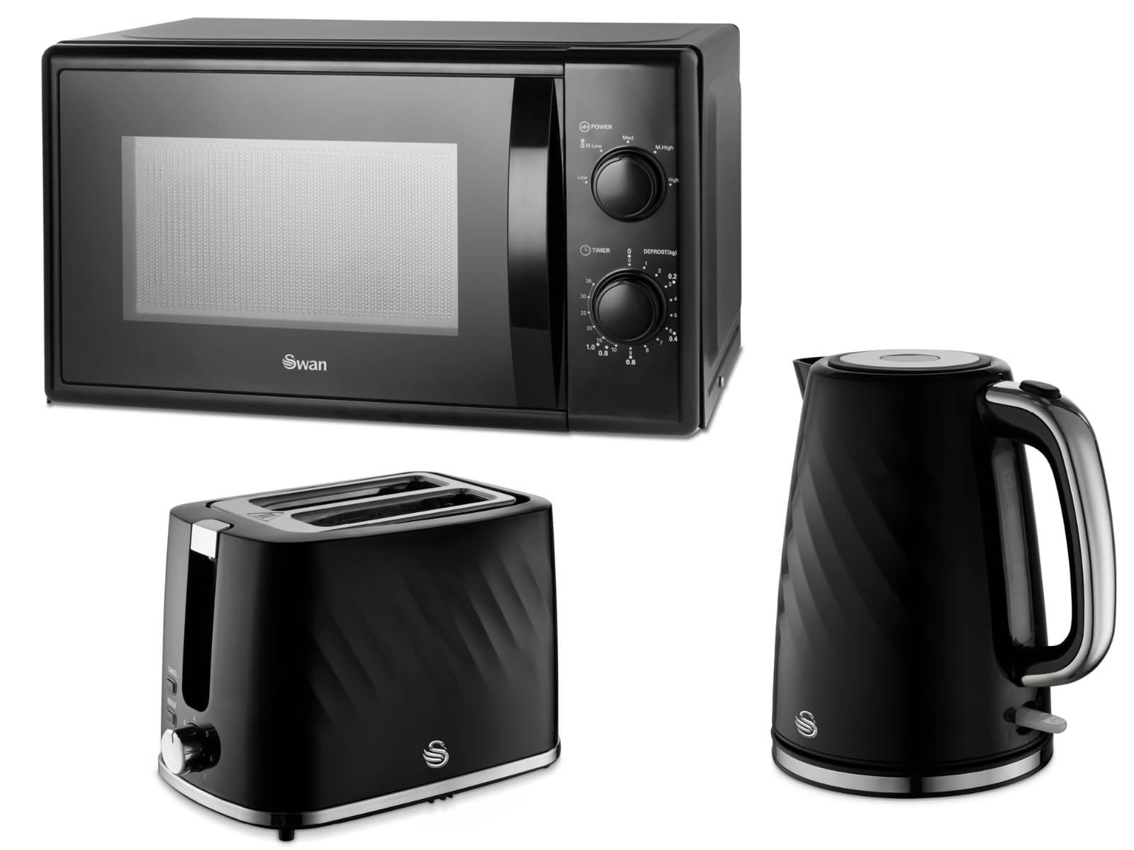 Swan Windsor Black 1.7L Kettle, 2 Slice Toaster & 20L 700W Microwave SM4420BLK Contemporary Design Kettle, Toaster & Microwave Kitchen Set