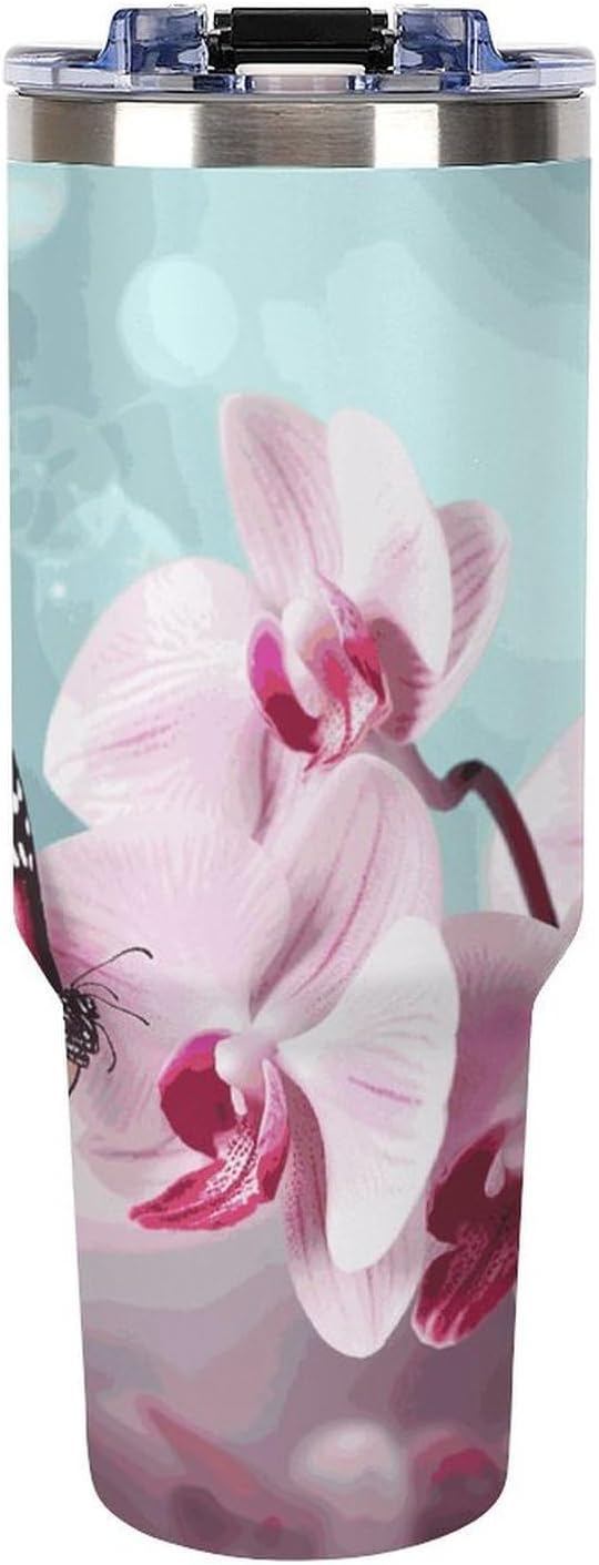 40 Oz Insulated Mug with Handle, Stainless Steel Orchid Flower Butterfly Soft Fresh Spring Printed Travel Mug Portable Leak-proof Large Car Mug for Home, Office Or Car