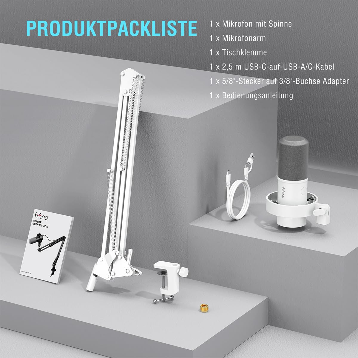 Fifine K688CTW Kit Micrófono Dinámico Podcast Blanco | Con Brazo de Boom, Puertos XLR/USB para PC, Mezclador de Audio. Conector de Auriculares para Grabación Vocal y Música