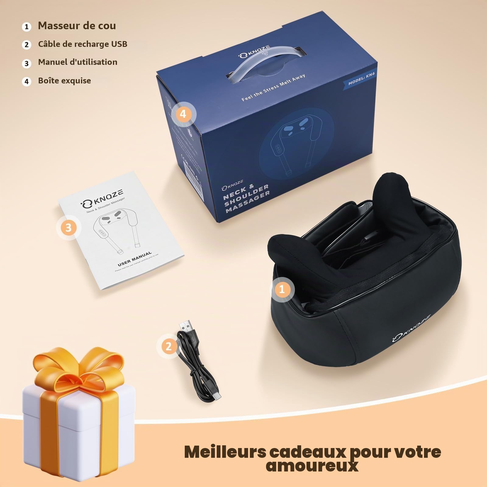 KNQZE Masseur de cou avec chaleur, tissu profond électrique 4D, massage pétrissant sans fil Shiatsu pour soulager les douleurs au cou, aux épaules et aux jambes