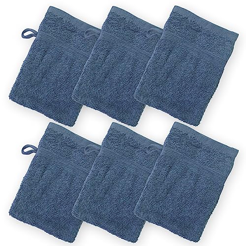 Homewear High Rise Stripe 6 Pack 6 x 8.5 Wash Mitt Set Low Twist Highly Absorbent Gentle Hand and Face Cloth European Style with Loop Indigo