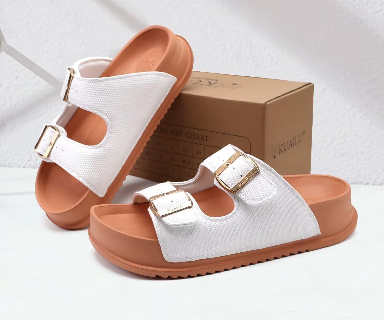 KuaiLu Womens Sandals with Arch Support Comfortable Orthopedic Cushion Recovery Slides Summer Fashion Leather Double Buckle Casual Slip On Plantar Fasciitis Shoes for Indoor&Outdoor (US Size 6-12) - Image 7