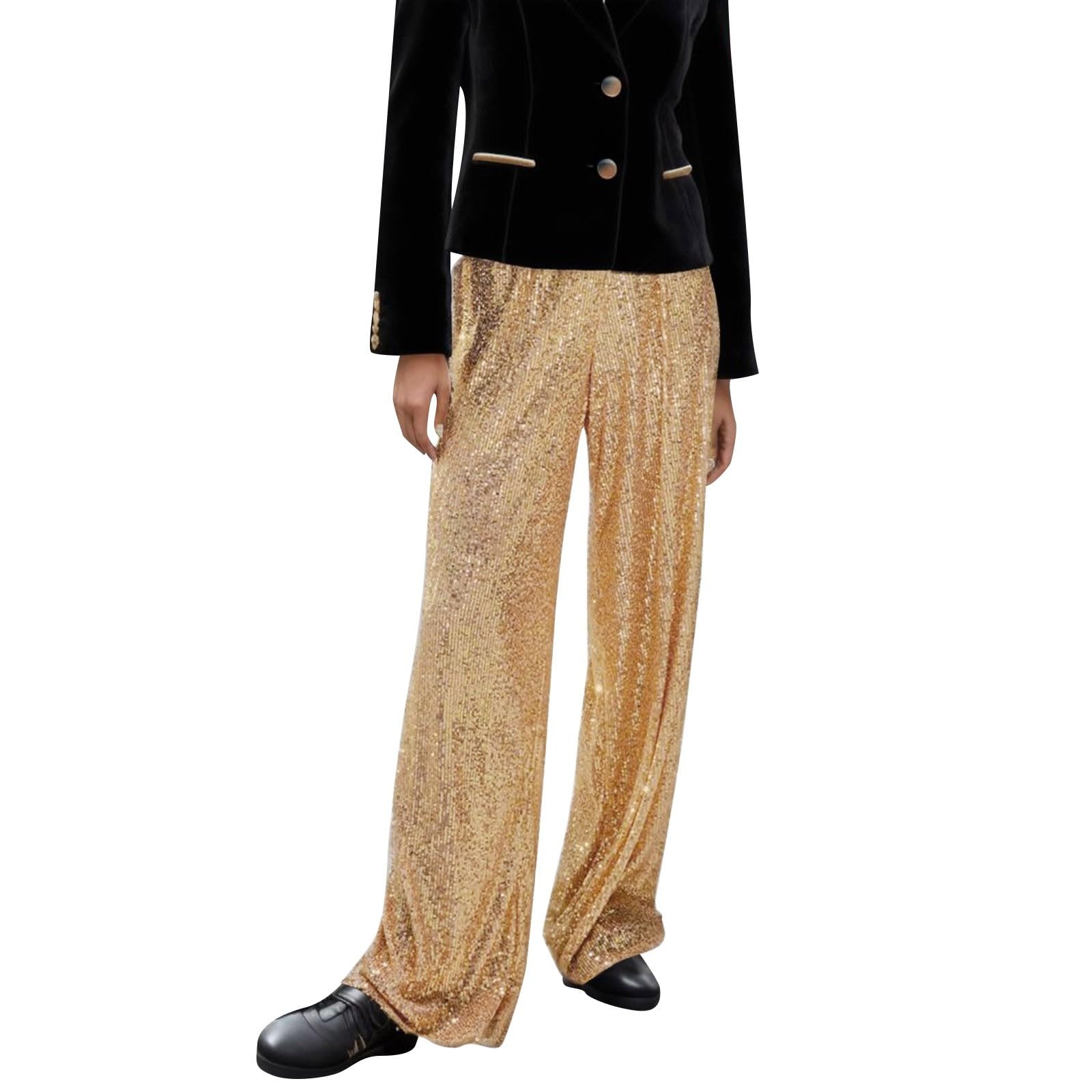 Womens Mardi Gras Sequin Pants Sparkly 70s Disco Outfits Straight Leg Elastic Waisted Glitter Pants for Women Party