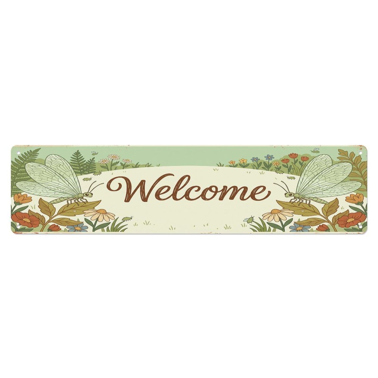 Cxhjca 4X16inch(10X40cm) Vintage Welcome Lacewing Delicate Metal Tin Sign