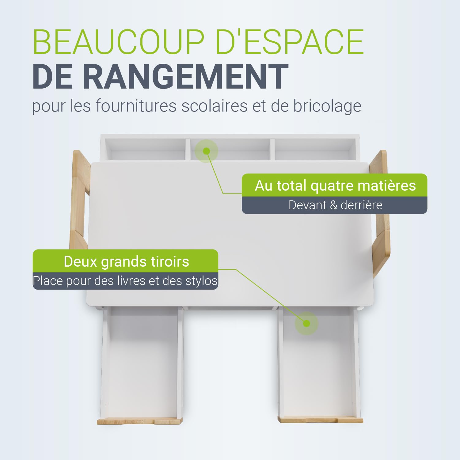 Juskys Bureau Enfant Fietje Bureau Réglable en Hauteur 2 Tiroirs Matériau Robuste Antirayures Grand Espace de Rangement
