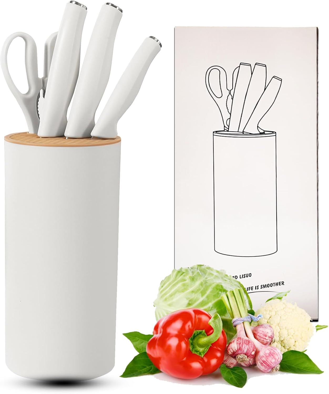 White Knife Set, WEISHEHUG 5-Piece Knife Set with Block Sharp Knife Block Set, Kitchen Knife Sets with Block Dishwasher Safe, Anti-slip Handle (White)