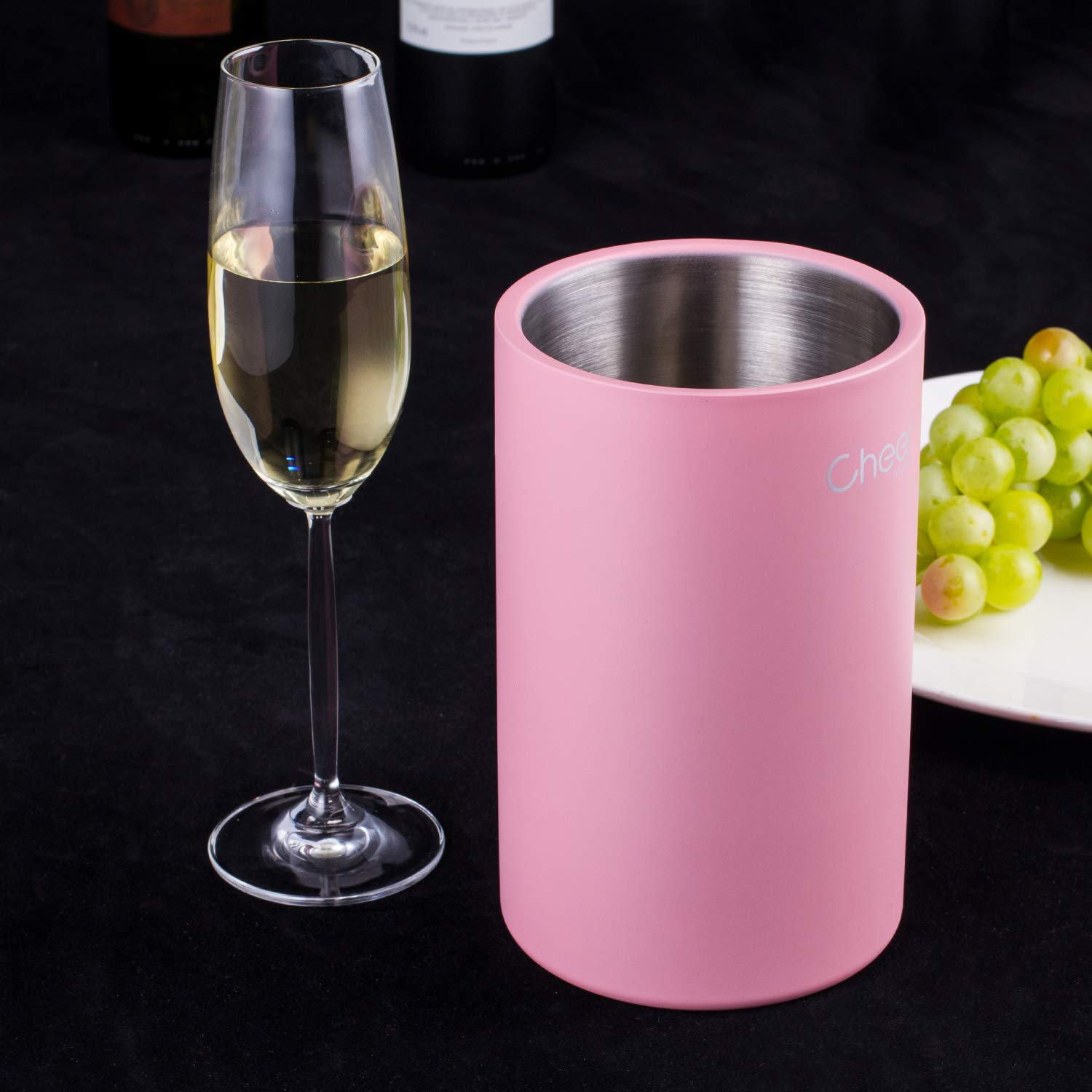 CHEER Wine Chiller Bucket, Stainless Steel Double Walled Iceless Wine Bottle Chiller, Keeps Wine and Champagne Cold Tabletop Stemless Holder (Pink) 7717-W201-011