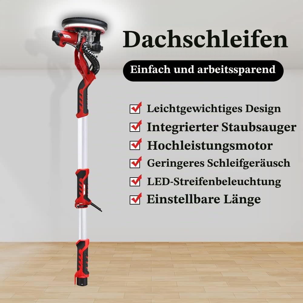 Trockenbauschleifer, Deckenschleifer 1390W, 2800 1/min max,Teleskop Langhalsschleifer mit Selbstreinigungsfunktion,12PCS Schleifpapier LED Licht,Tragetasche
