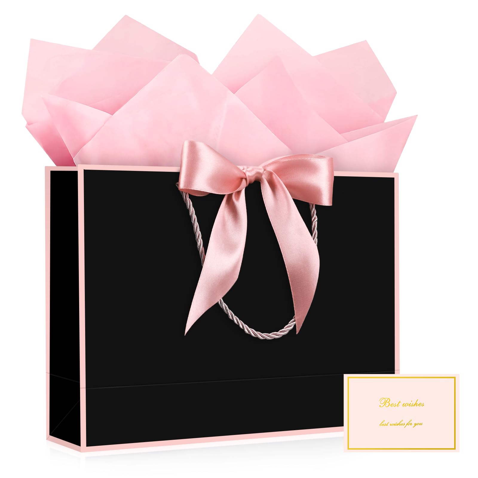 YoungTree Medium Gift Bag with Ribbon and Greeting Card 2 Tissue Papers,Paper Birthday Gift Bags with Handles,Elegant Present Bags for Valentines Day Wedding Engagement Party Supplies(Black-Light Pink — image 1