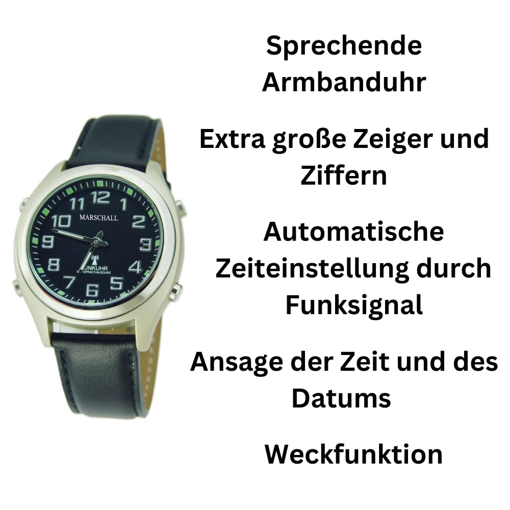 Marschall Deutsch sprechende Herren Funk-Armbanduhr I 1130L I Für Blinde, Senioren und Sehbehinderte I Datum- und Zeitansage I Extra große Zeiger I Schwarzes Lederarmband