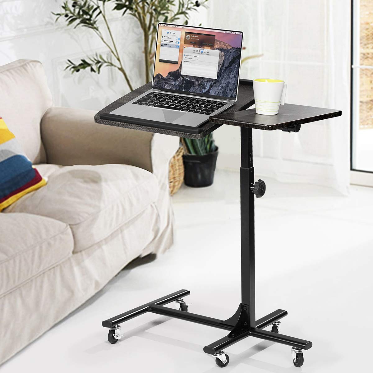 MEUBLE COSY Laptoptafel met bed, in hoogte verstelbare bijzettafel met 4 vergrendelbare wielen, pc-standaard voor woonkamer, kantoor, slaapkamer, bureau, metaal, zwart, 48x37x67 cm