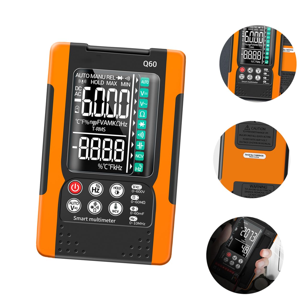 Q60 Digital Multimeter Auto-ranging True Value Tester with Ncv Detection, Diode Check, Data Hold, Backlight, Flashlight – Compact Multimeter for Electrical Repair and Home Use