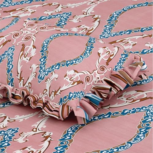 Image of King Size Fitted Bedsheet for Double Bed | 300 TC Cotton Feel Microfiber | All Around Elastic with 2 Frill Pillow Covers | Soft & Durable | (PinkEkaFrill, Fitted - 72 x 78 Inch King)