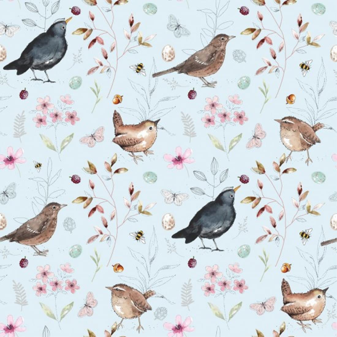 Glamour Secrets Blue Premium Cotton Fabric - 'Bird Song' Garden Birds On - Craft Fabric Material Metre