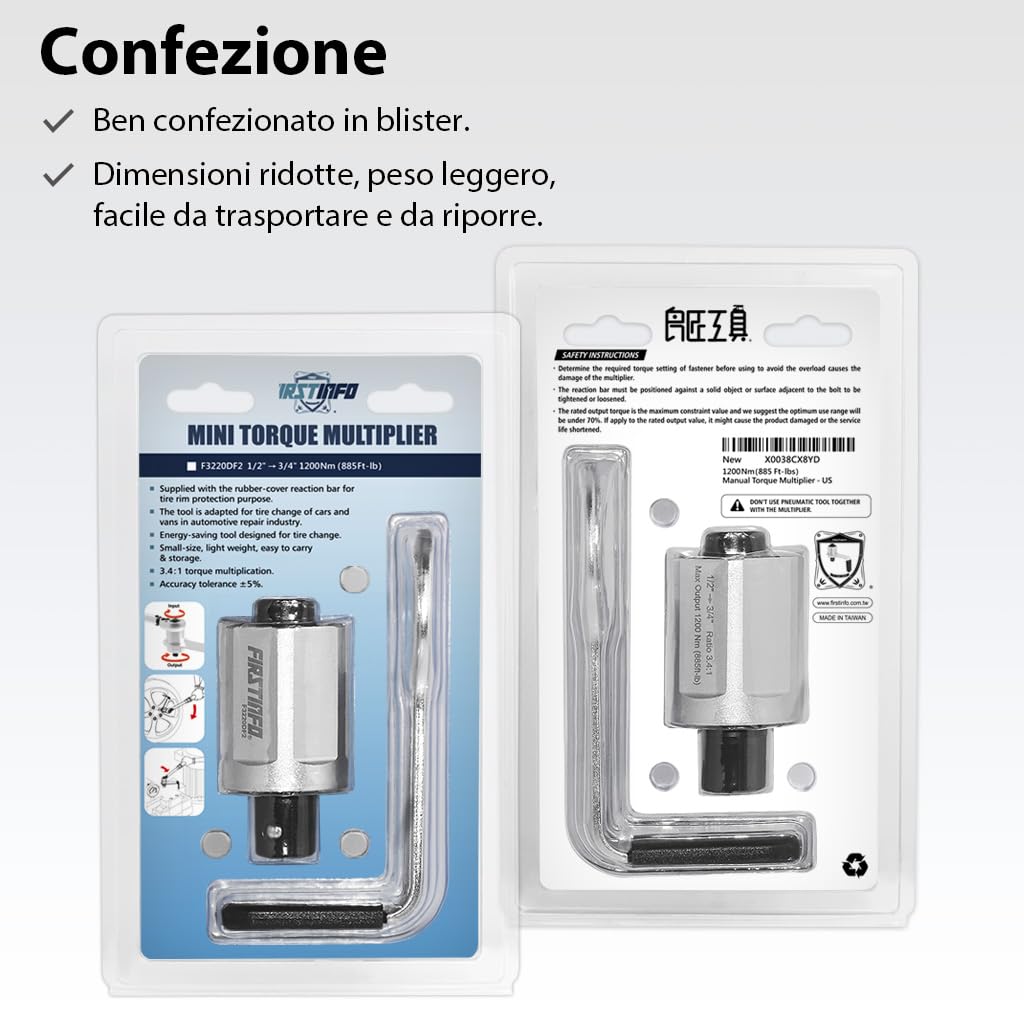 FIRSTINFO F3220DF2 | Moltiplicatore di Coppia Manuale 1200 Nm 3,4:1 | Chiave con Adattatore da 1/2" Femmina a 3/4" Maschio | Per Dadi Ruota e Manutenzione Auto