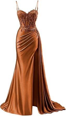 POMUYOO Spaghetti Strap Satin Prom Dresses with Sllit Lace Appliques Long Mermaid Evening Gown