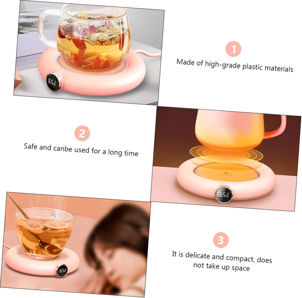 USB Charging Drink Cup Warmer Level Temperature Display Portable Pink Heating Coaster Pad for Coffee Tea Milk Safe Anti-Splash Design Power-Saving Office and Home Use