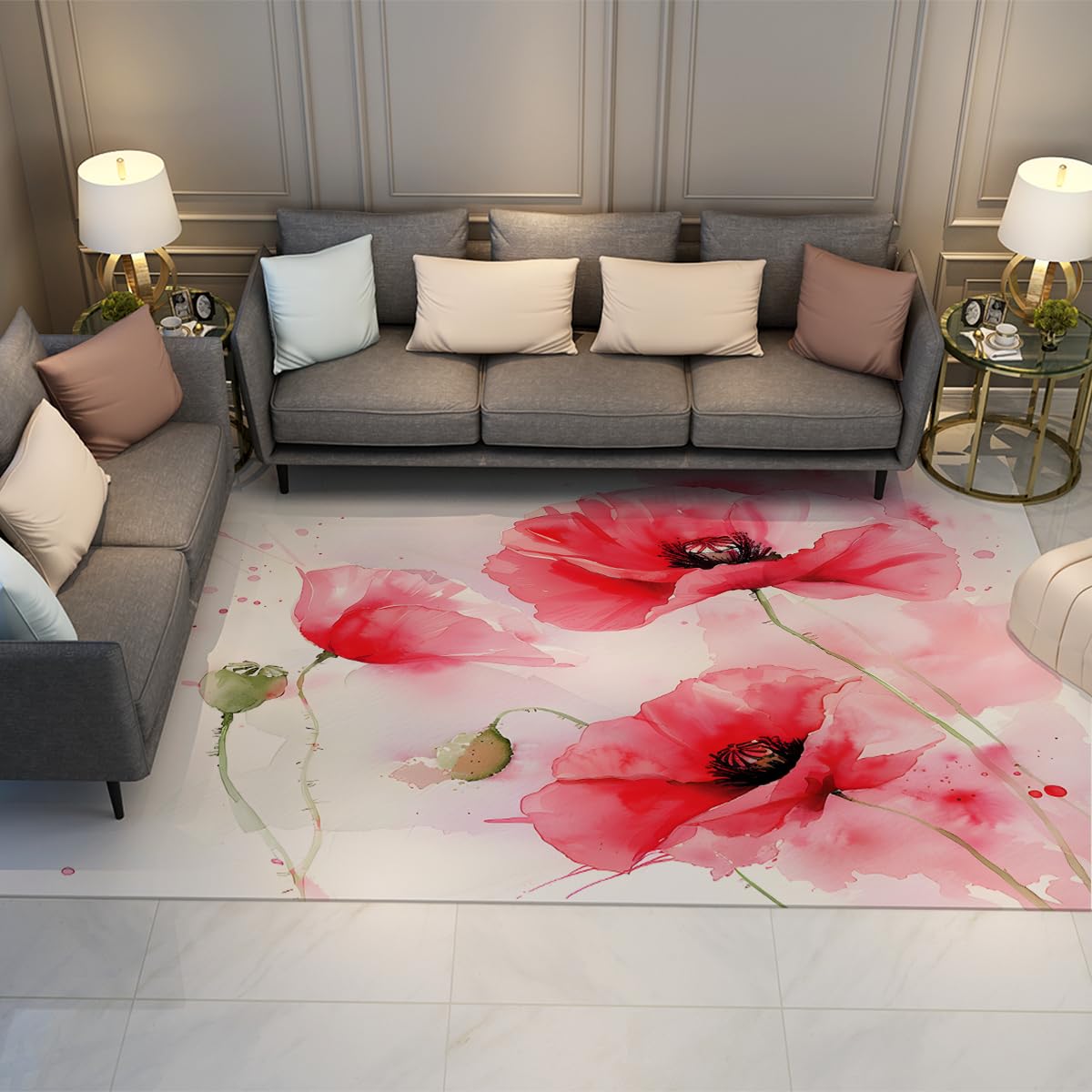 Tapis 200x300cm lavable grand format coquelicot aquarelle pour grand salon