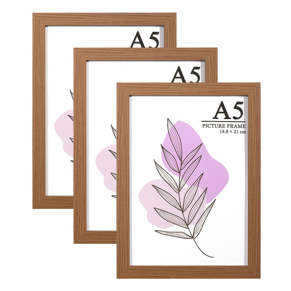 Baoee Brown Picture Frame A5 with Mount,Set of 3,photo frame with acrylic glass,Poster,certificate frame,Freestanding and Wall Mountable