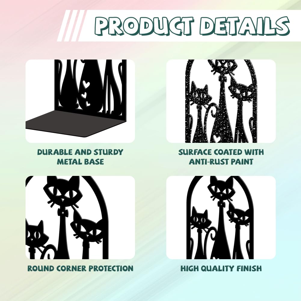 Peacoblue Buchstützen Metall,Abstrakte Katze Buchstütze Dekorativ | 1 Paar 5.3"x4.3"x7.9" schwere Gusseisen Buchhalter, Stabile Buchstopper für Bücherregal, Schreibtisch, Büro und Wohnraum