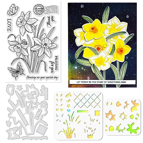 ORIGACH Realistic Daffodil Flower Stamps and Die and Layering Coloring Stencil Bundle for Card Making Album Arts Crafts Supplies