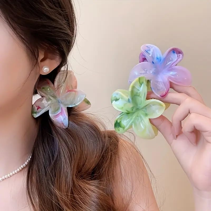 Image of Flower Claw Clip for Women - 3 Pc Hawaiian Plumeria Flower Hair Clip Set, Strong Hold Floral Clutcher, Large Matte Claw Clips for Thick & Thin Hair for Girls