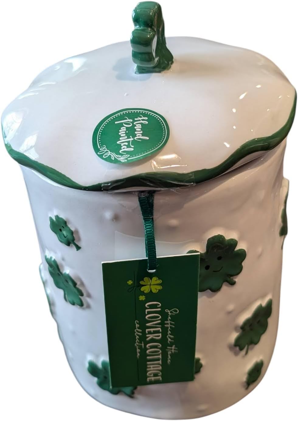 Ceramic St Patrick Lucky Shamrock Cookie Candy Nut Jar with Lid, Saint Patricks Theme, 8h x 5w x 5w