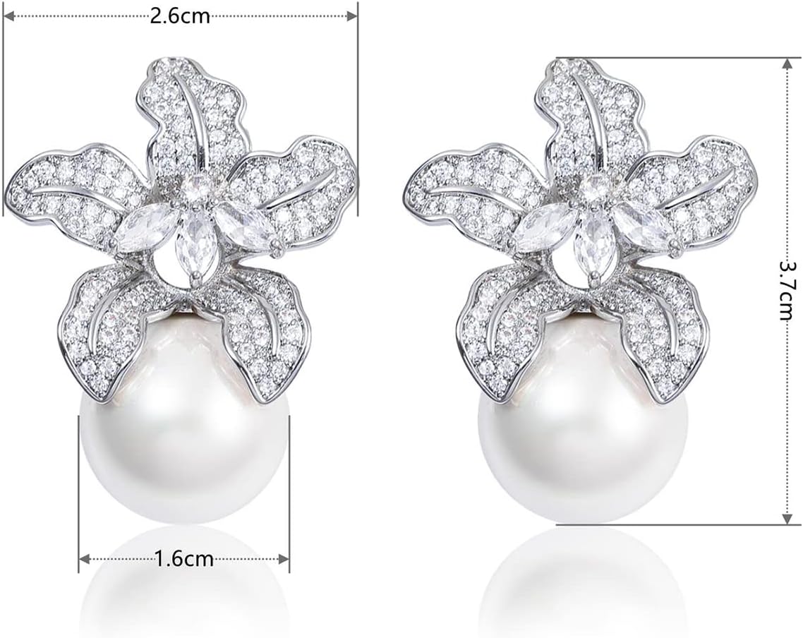 Blooming Flower Drop Cubic Zirconia Big Round Pearl Stud Earrings for Wedding Ceremony Chic Accessories - Image 2