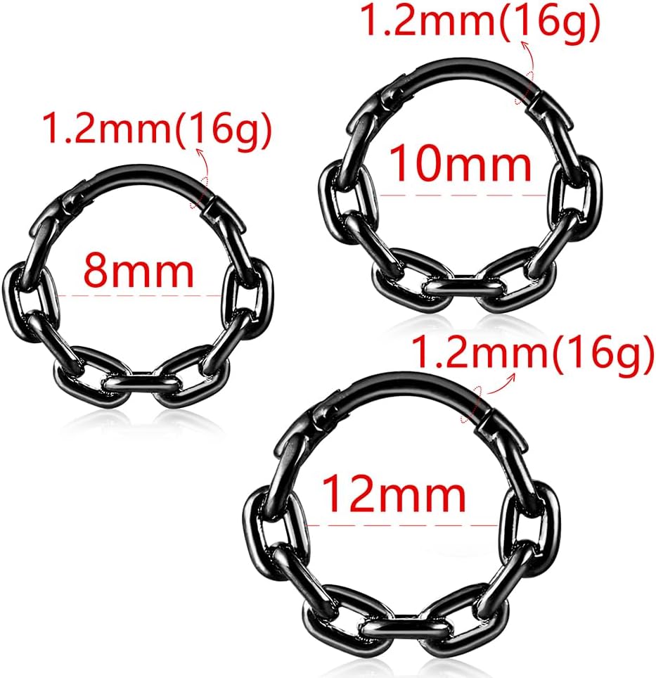 Chain Septum Rings 16G/(8mm,10mm,12mm) Nose ring Dainty Helix Daith Earrings for men/women 316L Stainless steel Daith Piercing Jewelry Silver Gold Black - Image 2