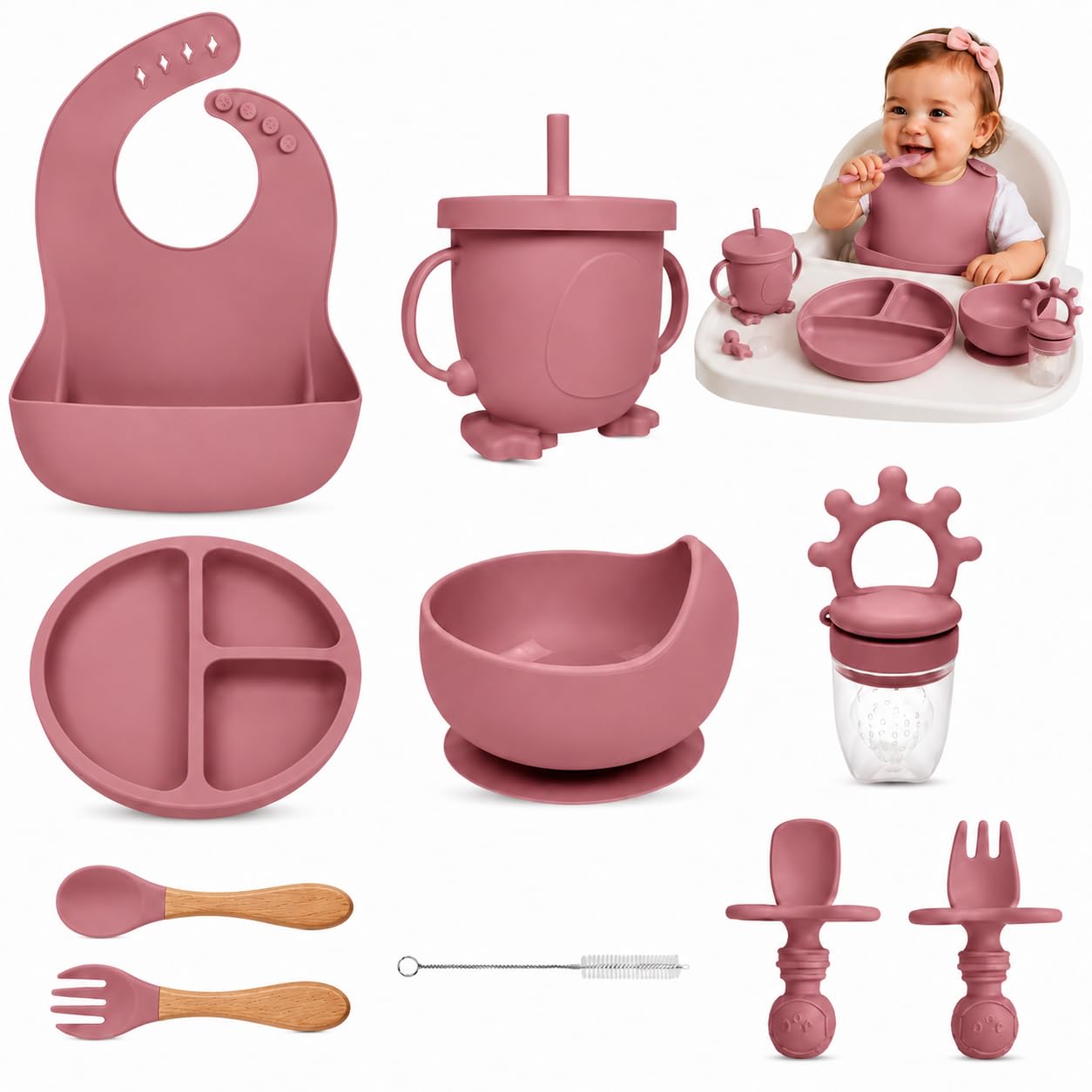 MAK2 Baby Weaning Set - 11 Pcs Silicone Baby Feeding Set with Suction Plate, Bowl, Adjustable Bib, Straw Cup, Spoon, Fork, Fruit Feeder & Teether – Ideal Weaning Set Baby Gift (Pink)