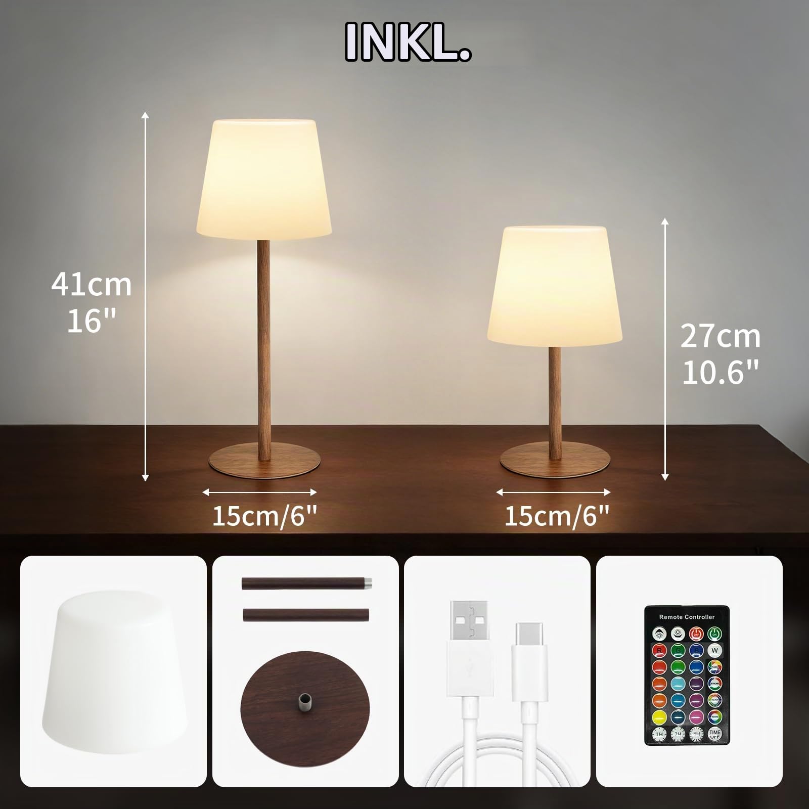 2er Set kabellose Tischlampe mit Fernbedienung, IP64 spritzwassergeschützt, Weißlicht bis 130 lm + RGB, 4000mAh Akku, 2 Höhen 27/41cm, stufenlos dimmbar, Timer, für innen & außen