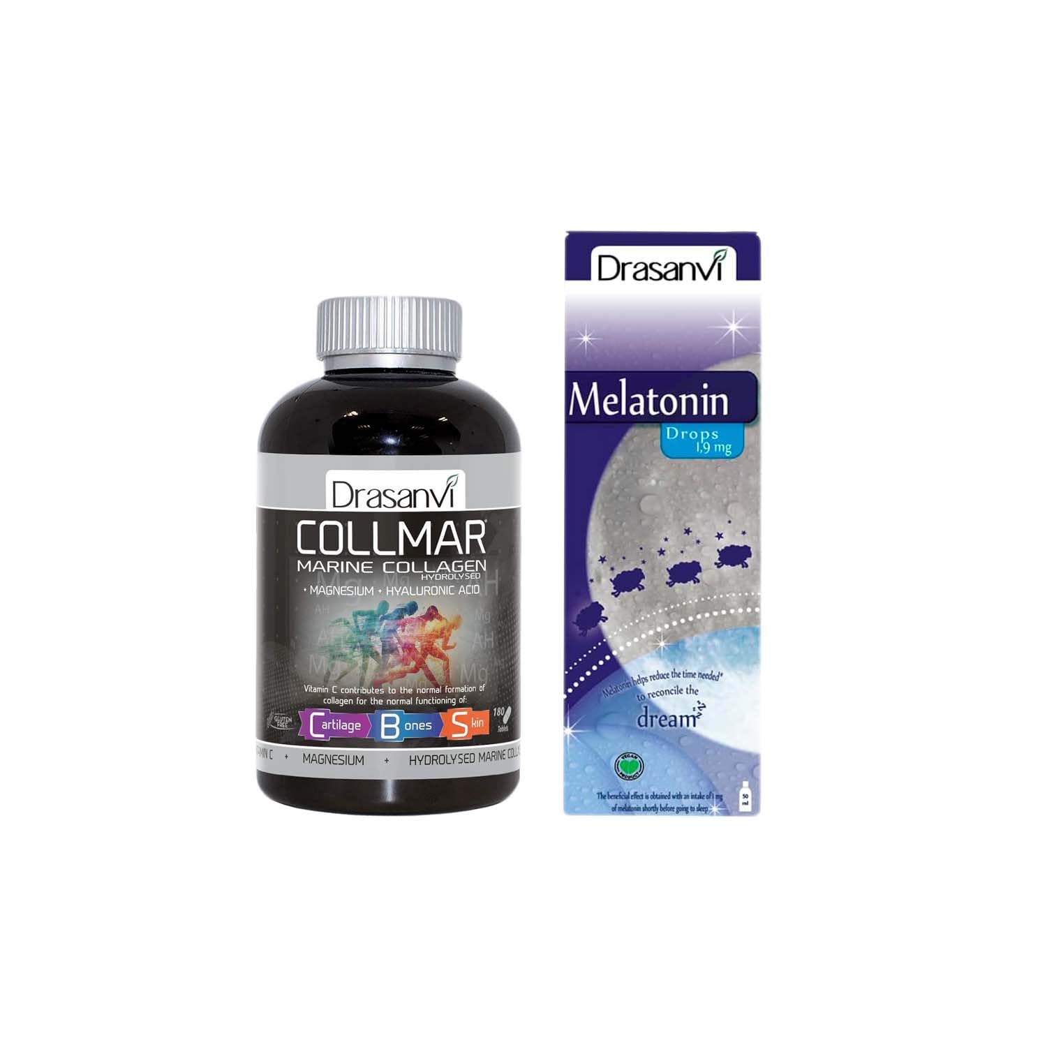Drasanvi (Bundle Liquid Melatonin 1.9 mg/Drops 50ml + Collmar Magnesium 180 Tablets with Hydrolysed Marine Collagen