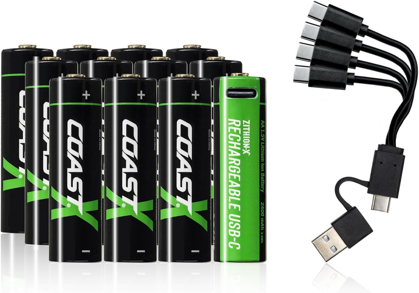 Twelve Coast ZITHION-X AA USB-C rechargeable batteries and a multi-USB-C charging cable.
