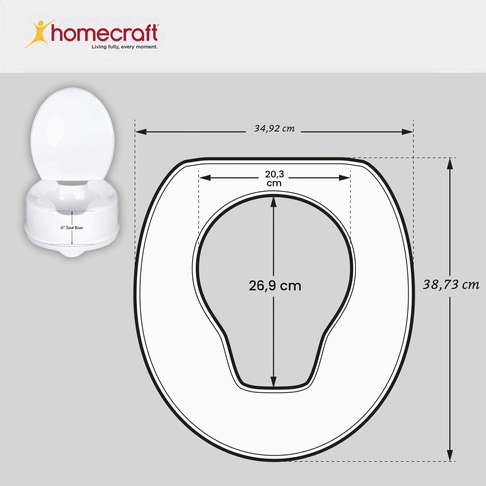 Homecraft Savanah Raised Toilet Seat 6" with Lid, Elongated & Elevated Lock Seat Support for Elderly, Handicapped and Disabled Users, White Colour