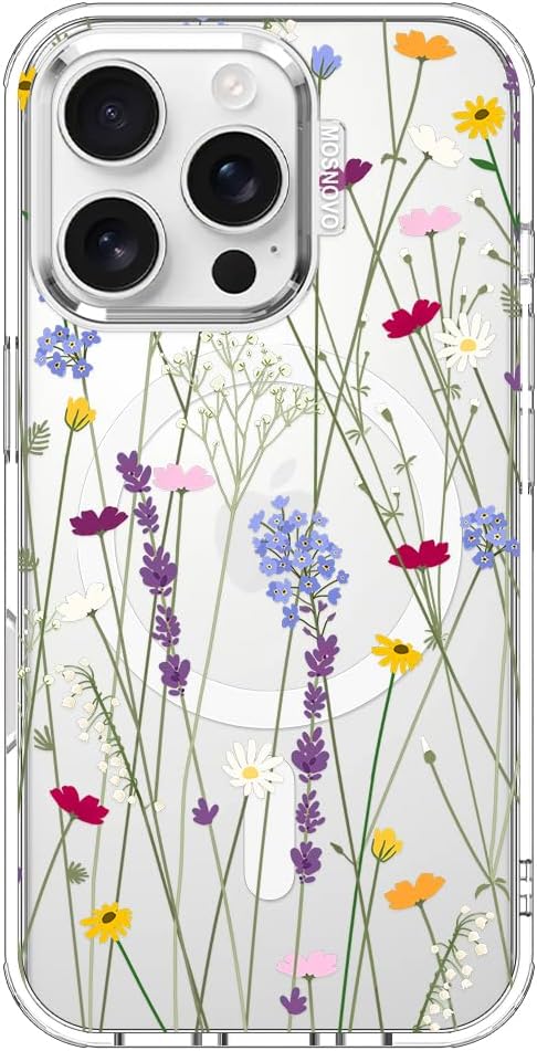 MOSNOVO Case for iPhone 16 Pro, [Compatible with Magsafe] [Buffertech 6.6ft Military-Grade Drop Protection] [Anti Peel Off Tech] Clear Phone Case Design - Floral Garden