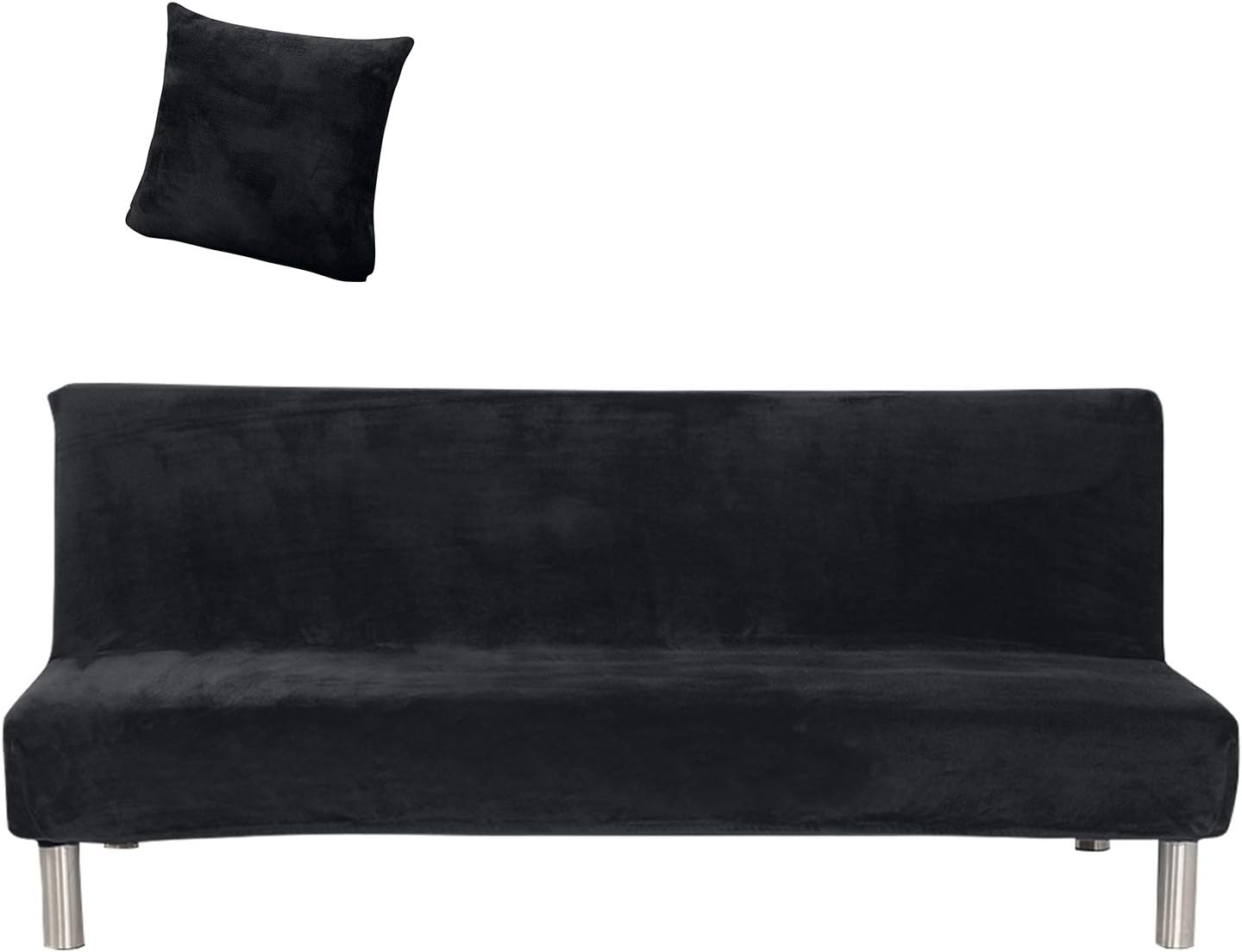 Armless Sofa Cover with Throw Pillow, Thicker Plush Strentch Sofa Slipcover Non-Slip Protector for Couch Length 70.9-82.7 Inches (Black)