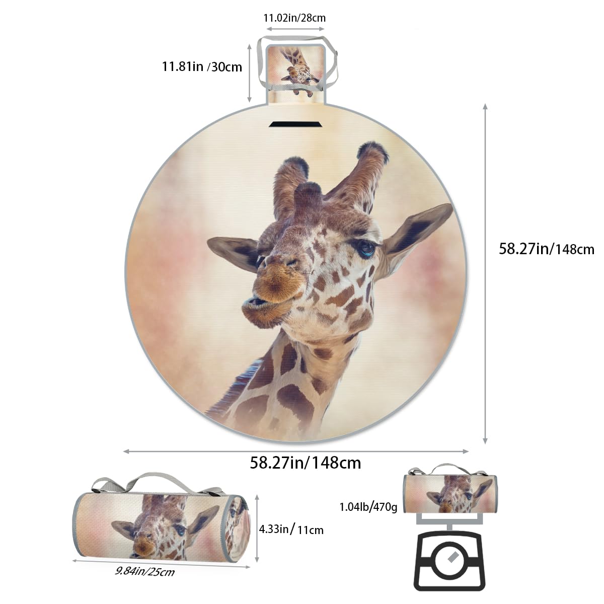 Shimoshe Animal Giraffe Picnic Outdoor Blanket Foldable Waterproof Sandproof Beach Blanket Portable Water-Resistant Round Picnic Mat for Travel Camping Park Lawn