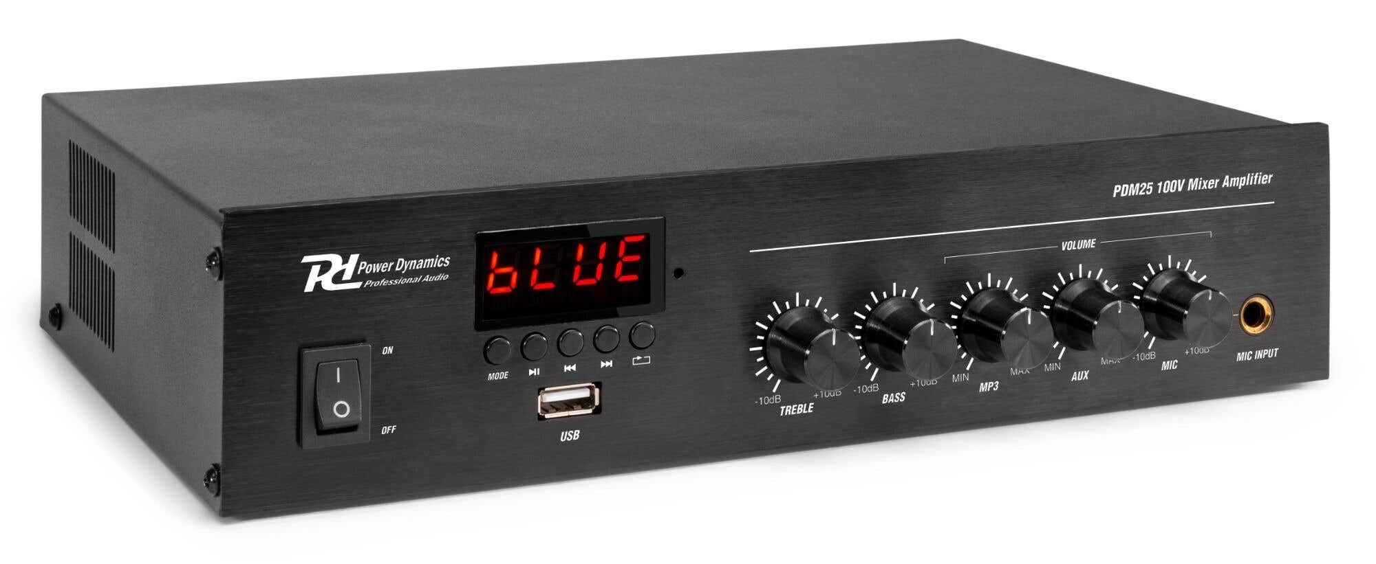Power Dynamics 4X BHW30BK Hornlautsprecher mit PDM25 25W Verstärker Bluetooth, Mischpult-Funktion, 100V Beschallungsanlage inkl. Kabel, Outdoor, für Gastronomie – Schwarz