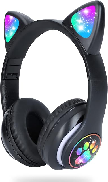 LAIBUY Kids Headphones, Cat Ear LED Light Up Foldable Bluetooth Headphone for Kids,2 in 1 Wired/Wireless Mode HD Stereo Sound for PC/Phone/iPad/Study/Travel