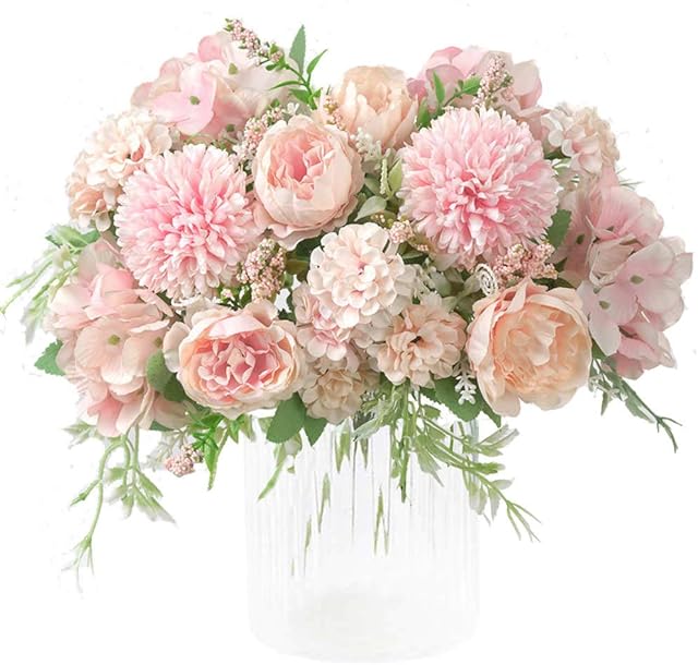 KIRIFLY Artificial Flowers, Fake Peony Silk Hydrangea Bouquet Decor Plastic Carnations Realistic Flower Arrangements Wedding Decoration Table Centerpieces 2 Packs (Light Pink)