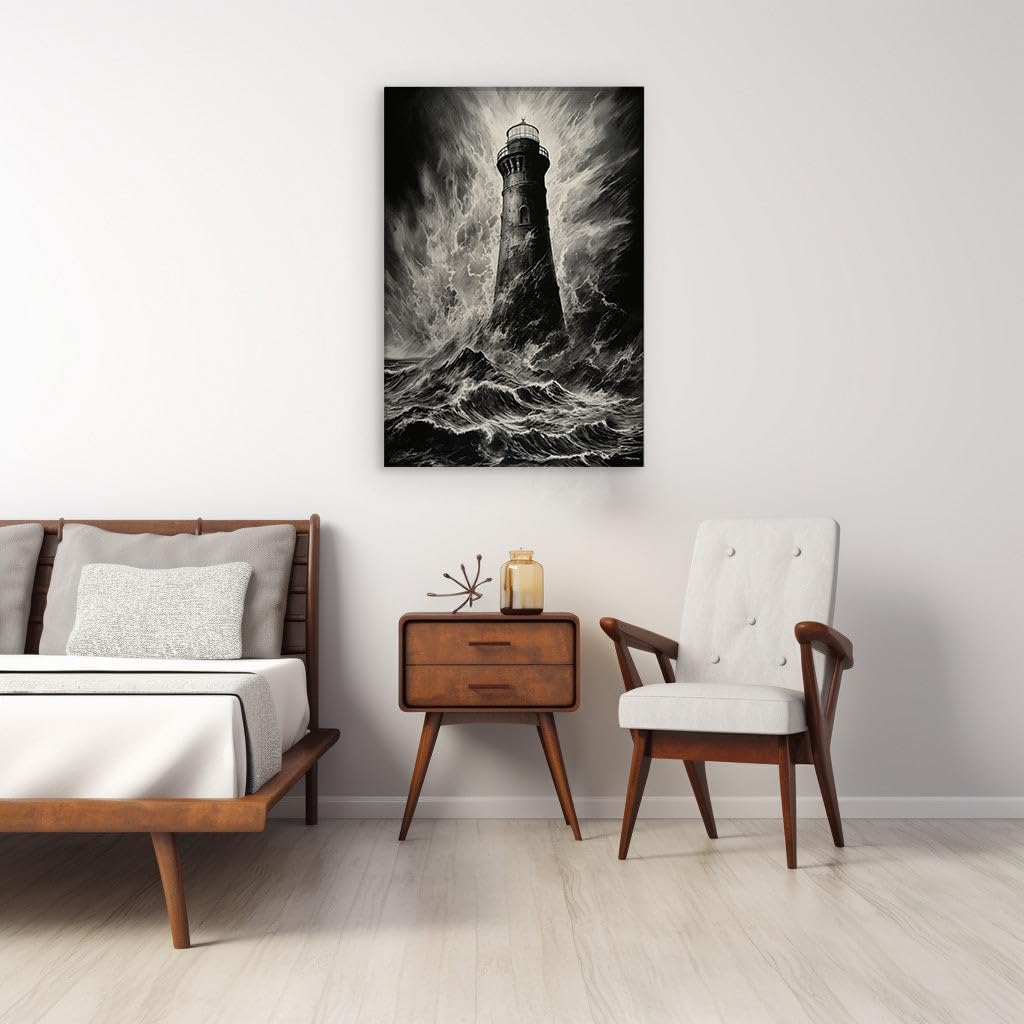 Canvas for Living room. Beacon of Hope Amidst the Stormy Seas, 27 x 18 inch Canvas Wall Art - Wall Art Digital Painting - Modern Home Decor