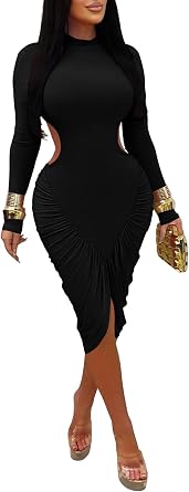 Ekaliy Womens Sexy Long Sleeve Ruched Bodycon Dress Backless Midi Party Dress