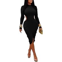 Ekaliy Women's Sexy Long Sleeve Ruched Bodycon Dress Backless Midi Party Dress