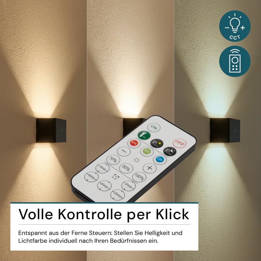 LUXULA 4er Set LED Akku Wandleuchte Innen Schwarz, Wandleuchte mit Bewegungsmelder, Einstellbar 3000K 4500K 6500K, Dimmbar, Wiederaufladbar, mit Fernbedienung, Kabellos für Flur & Schlafzimmer