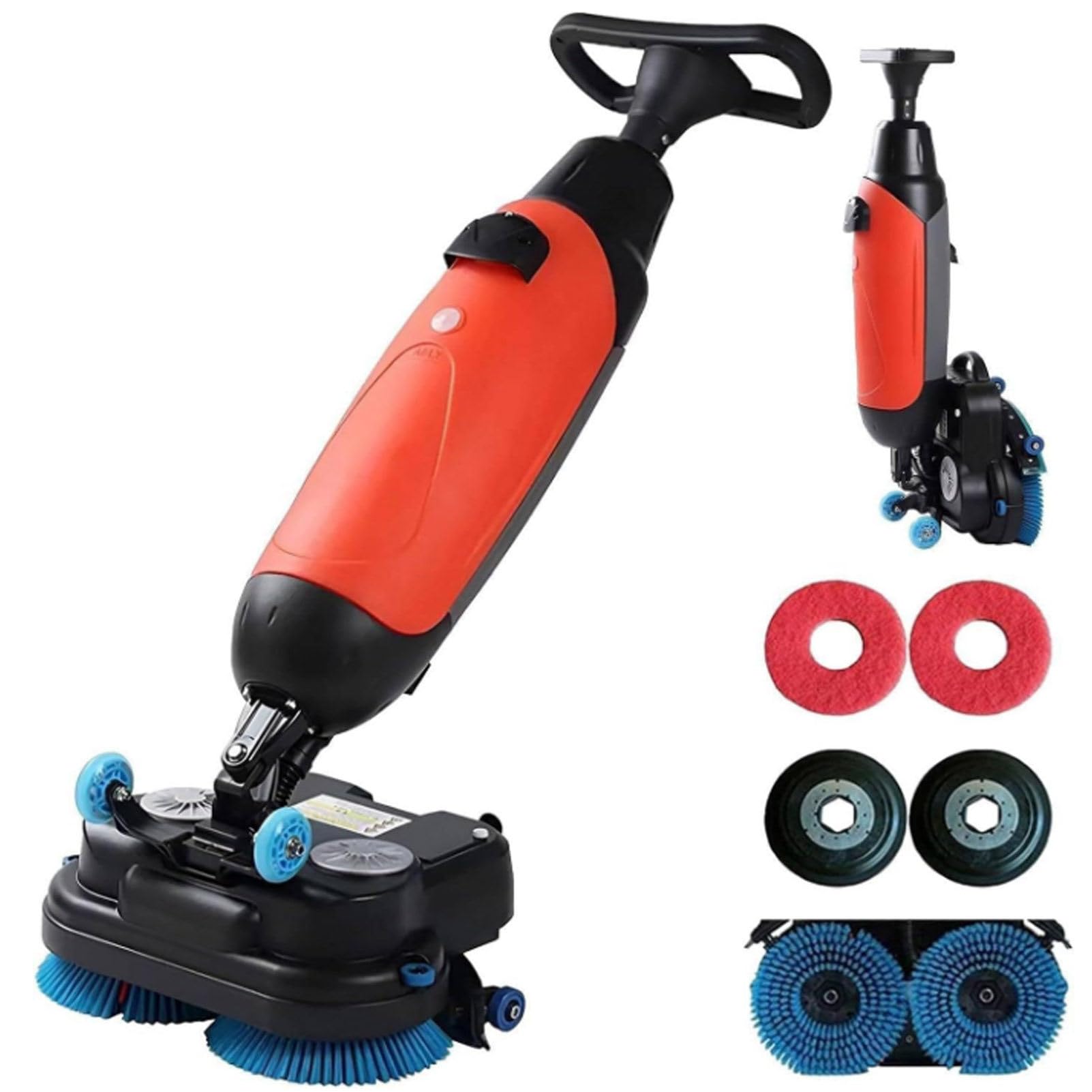 Hydravex Red Walk Behind Floor Scrubber Dryer, Commercial Scrubber Portable Lightweight Cordless Electric Floor Cleaner, 2 Adjustable Brushes, For Tile And Sealed Floors Small Spaces, Offices, Retail